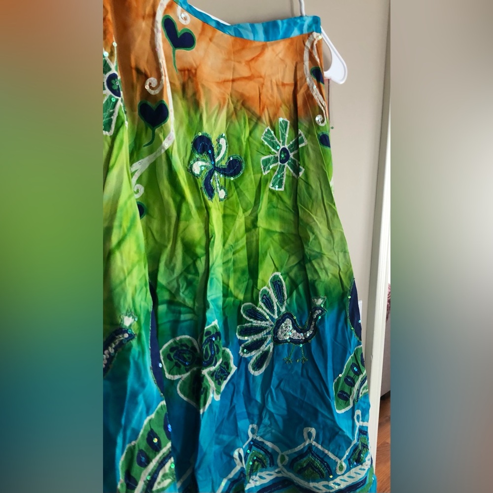 NWT Colorful Blue Green Maxi Skirt  JASMINE KC Size L $98